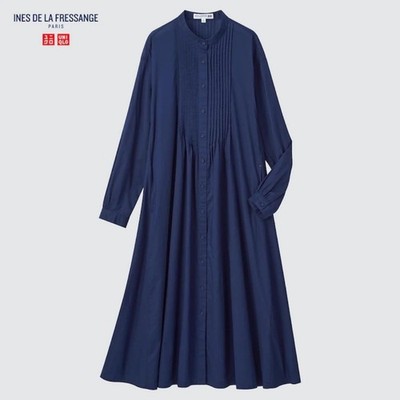 UNIQLO Ines Cotton Pintuck Dress Navy Long Shirt