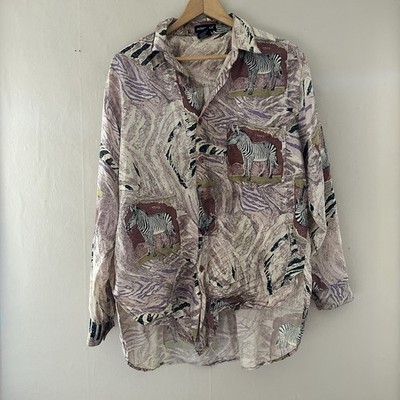 Avenue Silk Womens Zebra Patchwork Button Up Top Size M 100% Silk Art to Wear