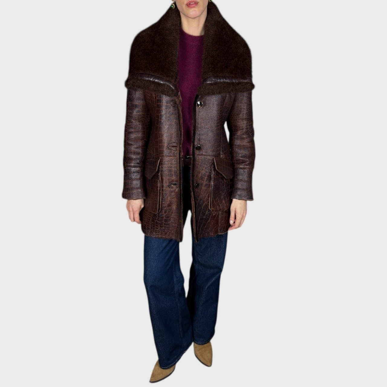 Vintage Mahogany Brown Shearling Leather Coat size US 6/8 EU38/40 image 6