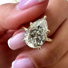 4ct Pear Cut Lab Created Diamond Engagement Solitaire Ring 14K Yellow Gold FN