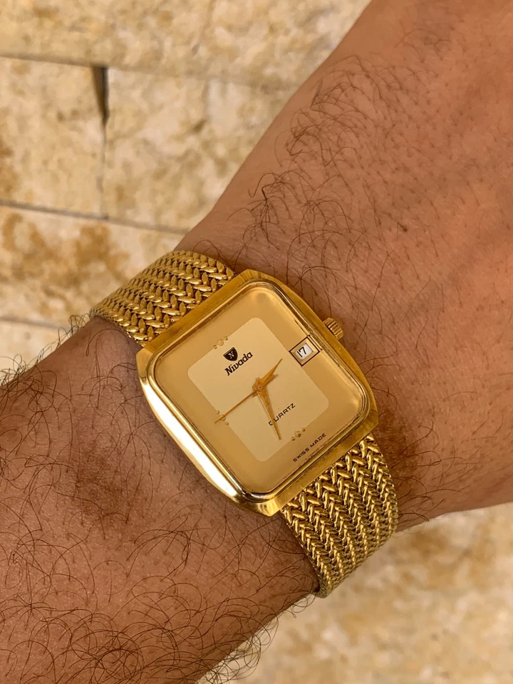 1980's Vintage Nivada Watch Gold-toned Quartz Rectangle Mesh Bracelet Date Boxed - Image 2 of 4