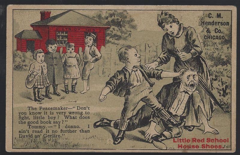 Red School House Shoes Children Fighting The Peacemaker Victorian Trade Card