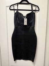 Black Faux Leather-Look Bandage Bodycon Dress   Corset Style, New, Size S