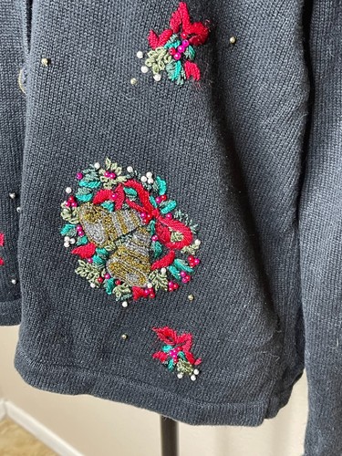 Vintage White stag Embroidered beaded embroidered Christmas cardigan sweater L - Picture 2 of 7