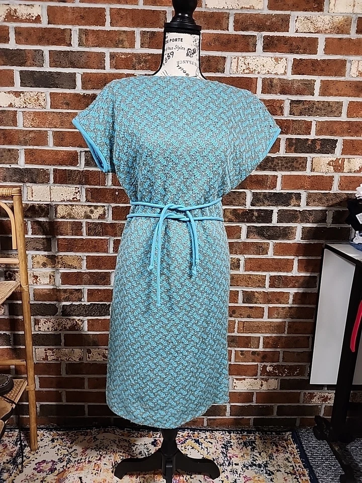 Vestido Suéter Vintage Años 70 Azul Turquesa Manga Corta Mediados de Siglo Damas  Foto 2 de 4