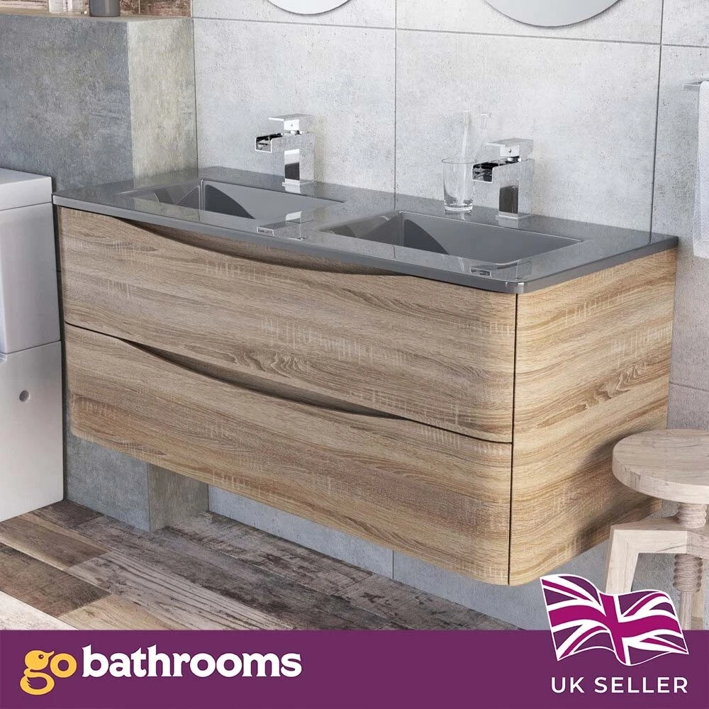 Light Wood Wall Hung 2 Drawer 120cm Double Vanity Unit With Grey Glass Basin