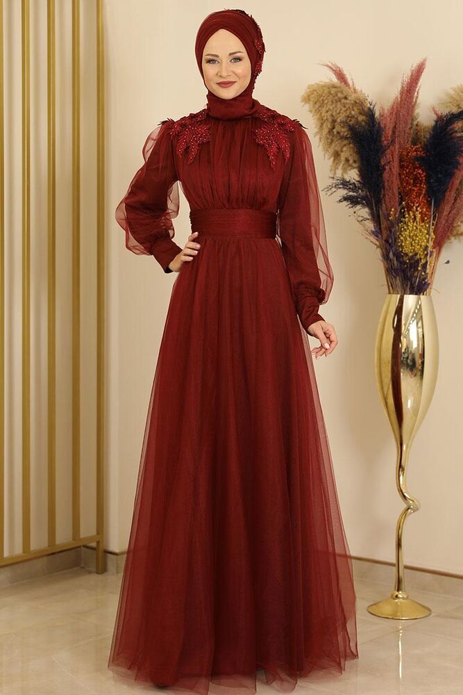 Vestido de Tul Vestido de Noche con Flores Guipur Detalles Abiye Abaya - Moda Modesta