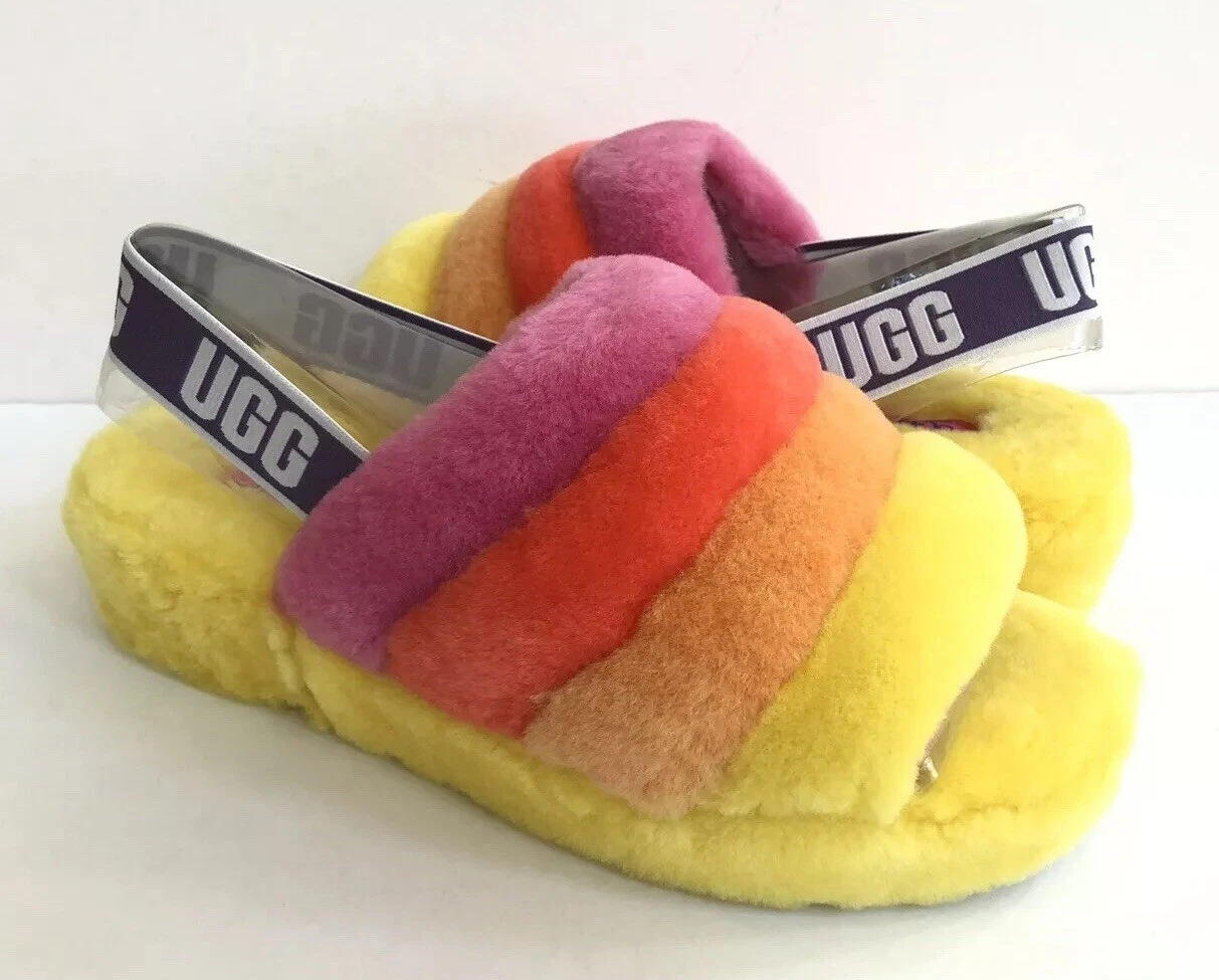 SANDALO UGG DONNA FLUFF YEAH SLIDE PRIDE ARCOBALENO GIALLO US 7 EU 38 UK 5