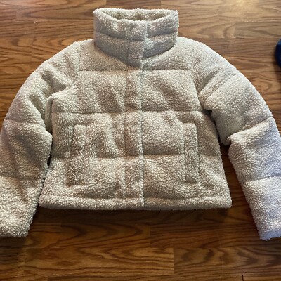 Abercrombie Fitch White Mini Sherpa Fleece Puffer Coat Jacket Size M  Fuzzy