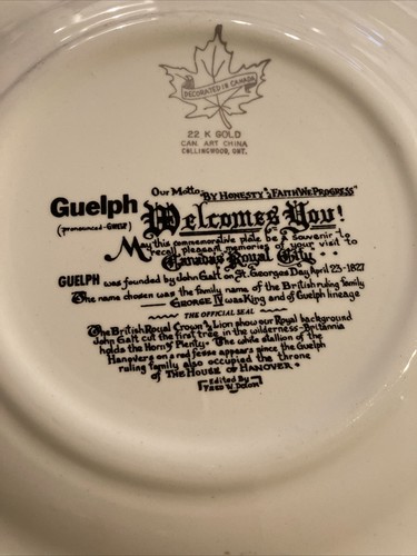 Plato de recuerdo vintage Canadá - Ciudad de Guelph 9-1/2" bordes festoneados dorados - Imagen 4 de 5