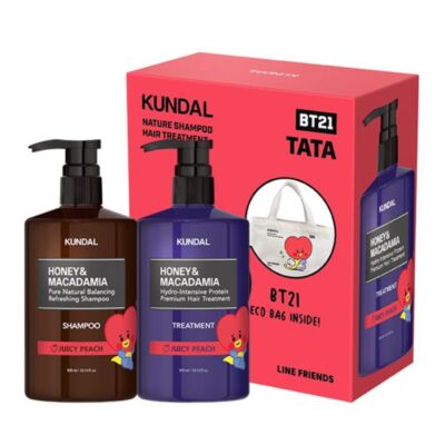 KUNDAL BT21 Juicy Peach Honey & Macadamia Shampoo & Treatment 300ml + FREE Gift