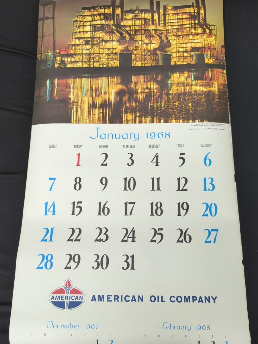 Vintage 12 Month 1968 American Oil Company Calendar 33 x 16