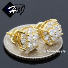 MEN WOMEN 925 STERLING SILVER 9MM CUBIC ZIRCONIA 3D GOLD PLATED STUD EARRING 211