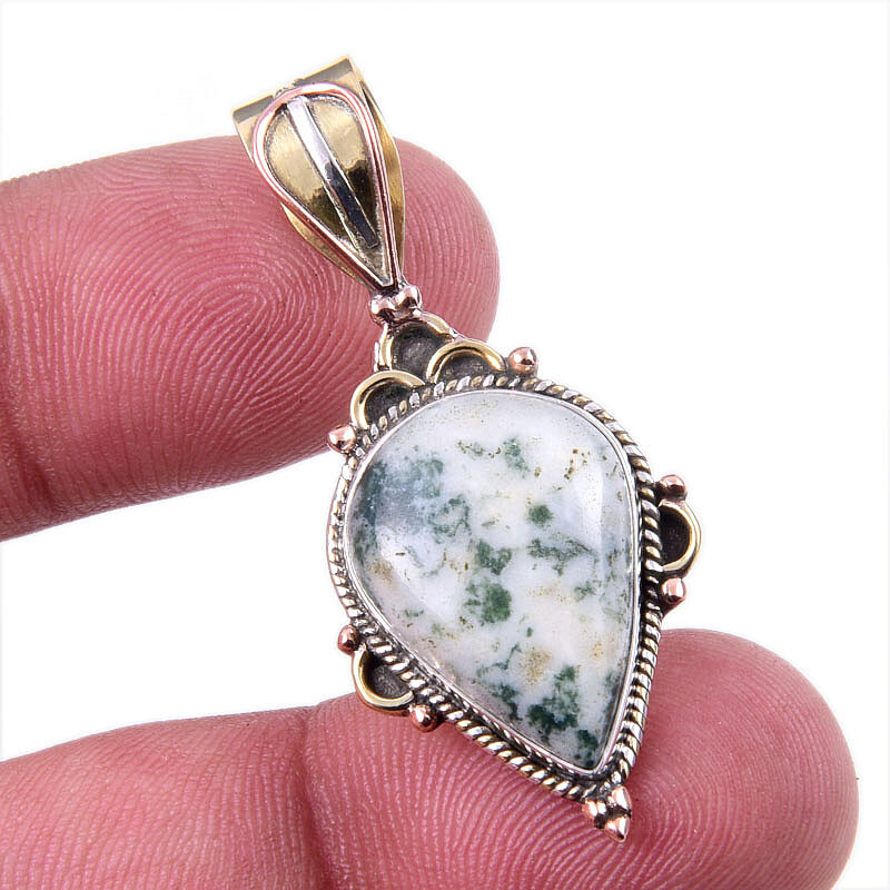 Natural Green Dendrite Opal Gemstone 925 Solid Silver TwoTone Pendant 1.50