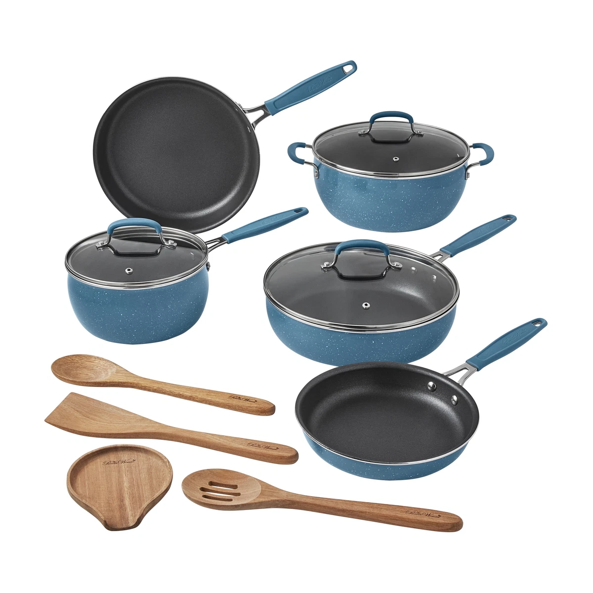 The Pioneer Woman Frontier Speckle 12 Piece Aluminum Cookware Set Blue Denim