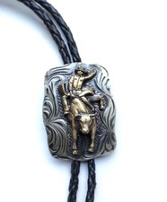 MCS Classics Leather and Silver Engraved Silver Bolo Tie Black