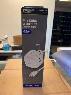 Set of 6 Commercial Electric 5 Ft Cord + 3 Outlet Power Cubes with USB-A & USB-C