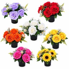 Artificial Grave Flowers Pot 12 Head Memorial Roses Lilies Sunflowers Outdoor