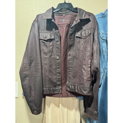 7 For All Mankind Burgundy Coated Denim Trucker Jacket Women Small Waxed Finish