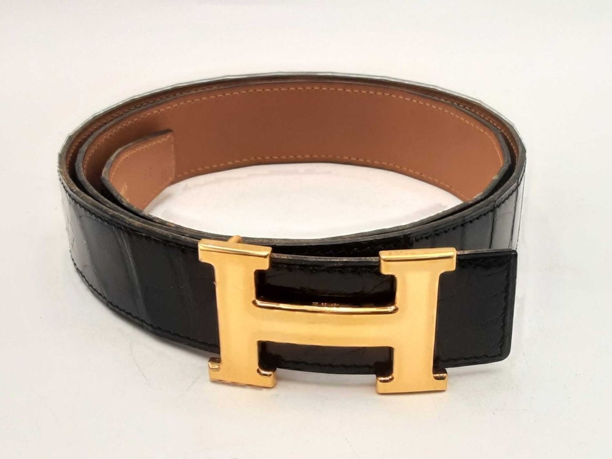 HERMES ブラウンレザー ベルト ゴールド金具 Hermes Gold H Buckle Nialus Croc Belt Size 90eu Sd0825lrzxsa | eBay