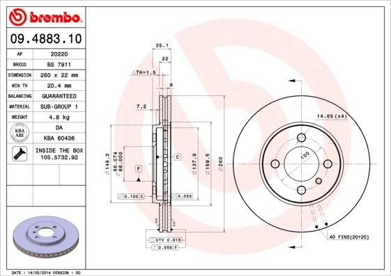 Disque de frein BREMBO 09.4883.10 ventilé en fonte pour votre BMW