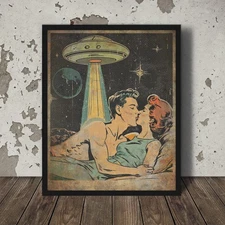Vintage UFO Cosmic Lovers Wall Art, Sci-fi Alien Kiss UAP Space Moon Star Decor