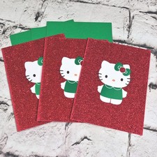 Hello Kitty Christmas Cards Red Glitter Lot Of 3 With Envelopes