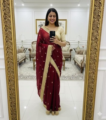 Maroon Color Space Silk Embroidered Work indian Bridal Wedding Designer Sarees.