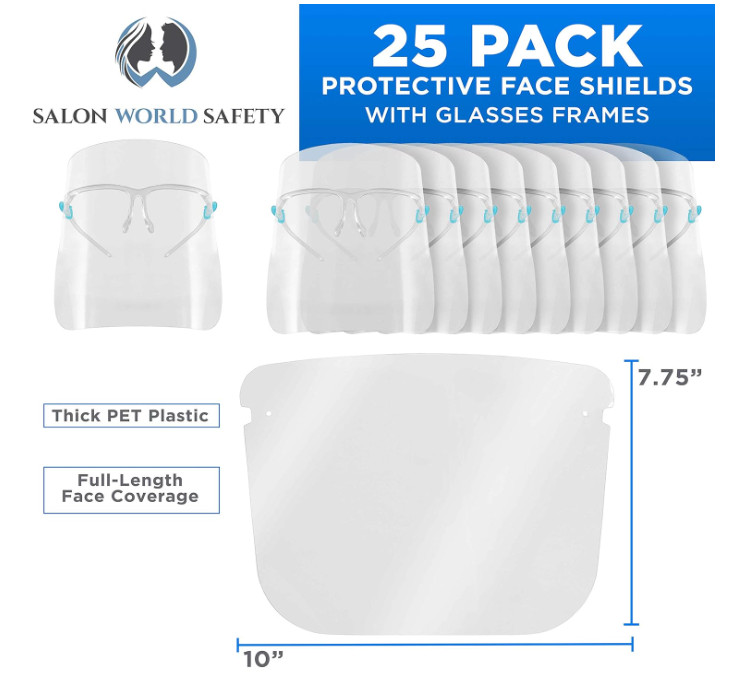 Salon World Safety Blue Face Shields with Glasses Frames (25 Pack) - Anti-Fog