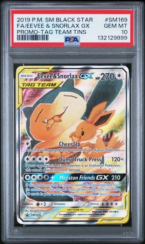 2019 POKEMON SM TAG TEAM TINS #SM169 FULL ART/EEVEE & SNORLAX GX PSA 10