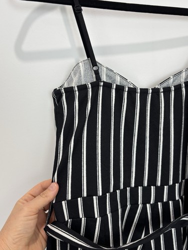 Ally Womens Jumpsuit 8 S Black White Striped Straight Leg Stretch Belt Pockets - Picture 9 of 16