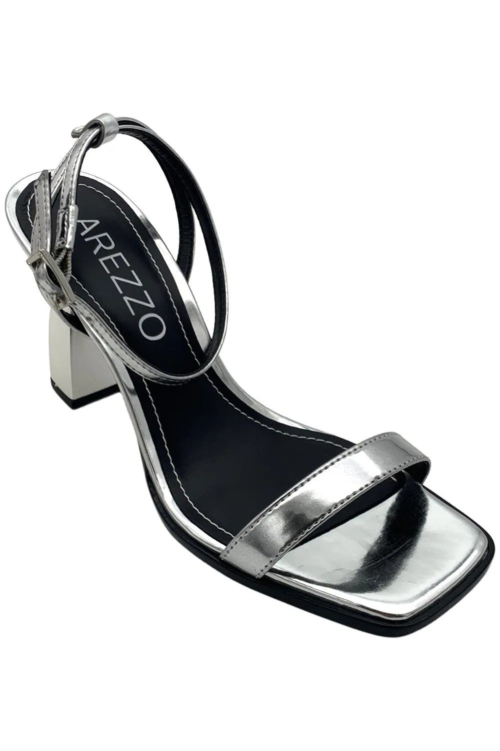 Arezzo Women's Sandália Salto Médio Tira Prata Silver