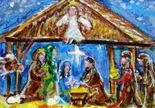 ACEO Original Christmas MANGER Painting Nativity Religious Mary Jesus Animal ART