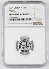 China 1994 10 Yuan 1/10 Oz 9995 Platinum Proof Panda NGC PF69 Ultra Cameo 7089.50 per troy oz