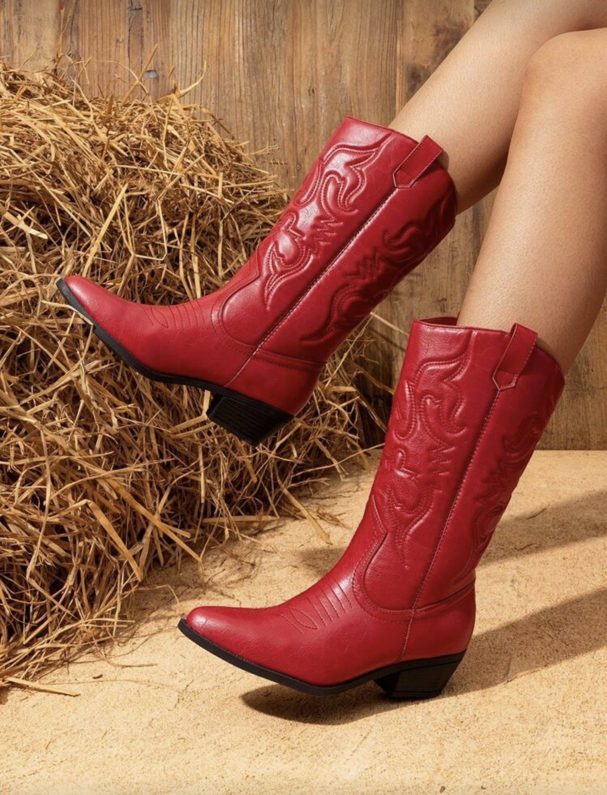 Women Western Cowboy Boots Pointed Toe Embroidered Pull On Mid Calf Heel Red