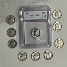 Lot de 10 dimes en argent 90% avant 1964. Une ICG 1963 PF67, d'autres 9 circulent