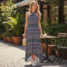 Tommy Bahama Prima Peacock Maxi Dress Amalfi Sea Blue Ikat Halter High Low S NEW