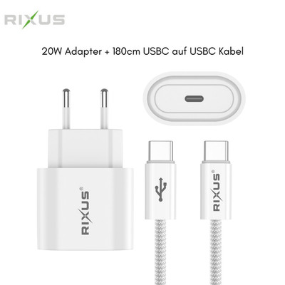 RIXUS 20W USBC Adapter Netzteil Ladegerät & iPhone 15 16 17 Pro 180cm Ladekabel