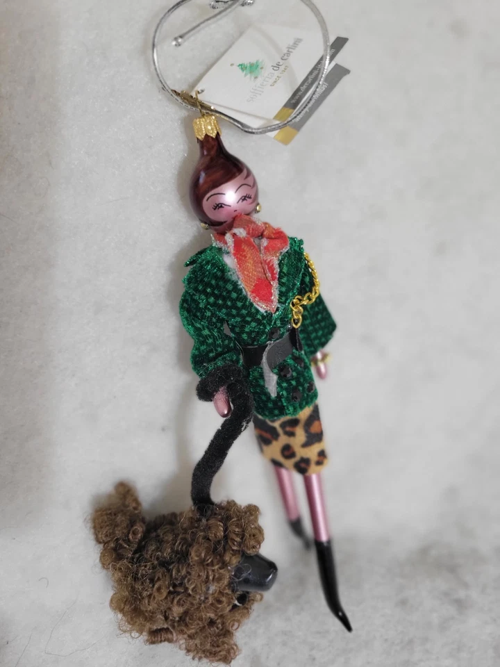 2 SOFFIERIA DE CARLINI Hand Blown Glass Shopper Ladies w/Dogs Christmas Orn 7" - Image 4 of 4