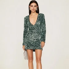 Bardot Lilia Sequin Dress Size XL Long Sleeve Mini Green Sparkly Cocktail Party