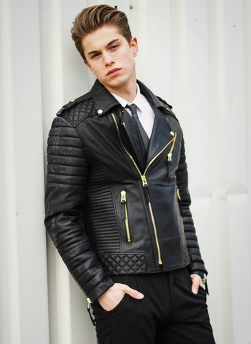 black moto jacket with gold zipper