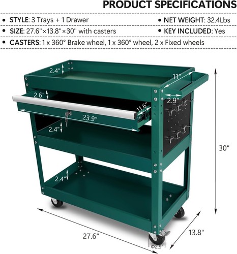 3-Tier Rolling Tool Cart, Heavy Duty Utility Cart Tool Organizer with Storage - Imagen 5 de 6