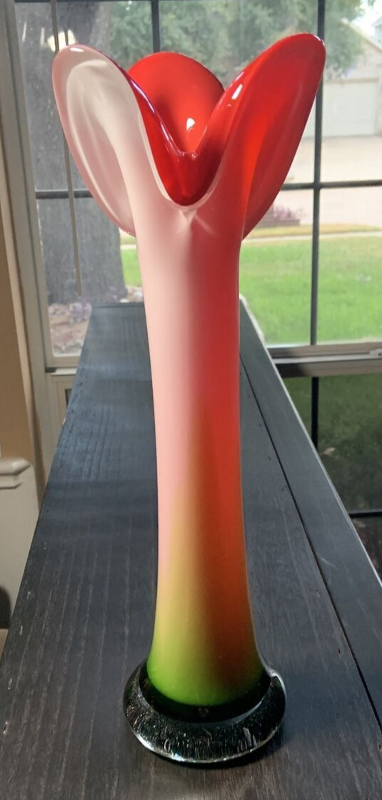 Hand blown cased glass vase 14.5in tall pontil mark calla lily jack in