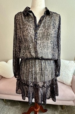 NWOT Cielo Boutique Black Sheer Leopard Print Roll Sleeve dress Silver Thread L.