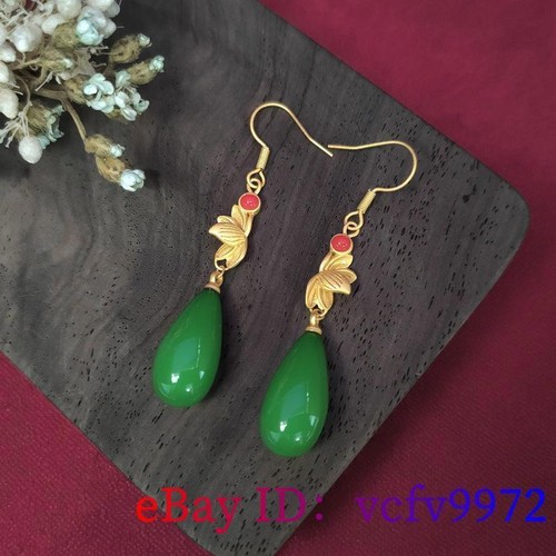 Jade Water Drop Earrings Jewelry Women 925 Silver Natural Green Chalcedony - Picture 2 of 11