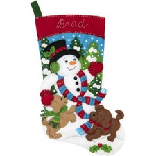 Bucilla Felt Applique Christmas Stocking Kit SNOWMAN AND PUPPIES Dogs 18 inch