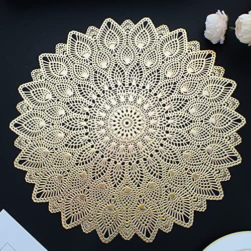 Round Placemats, Hollow Out Washable and Wipeable Place Mats, 6 PCS Gold