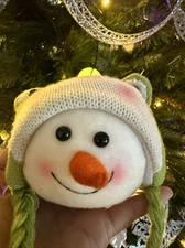 Too Cute Plush Snowman Head Christmas Ornament With Frog “wool” Knit Winter Cap