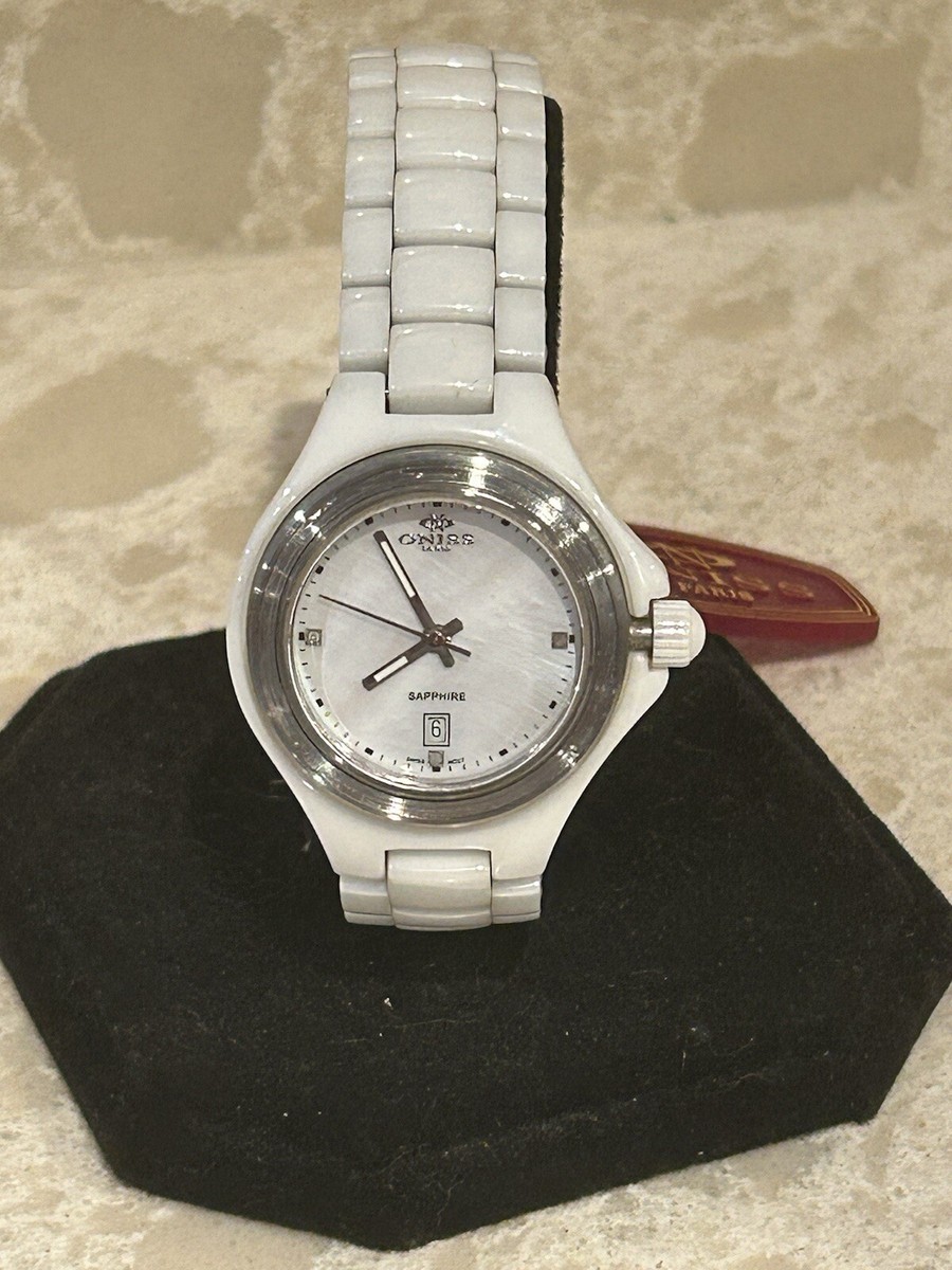 Oniss Paris White Ceramic MOP Day Date Watch 38mm Sapphire Crystal w New Battery Oniss Paris Sapphire Womens Watch White Ceramic Sapphire  main image 2