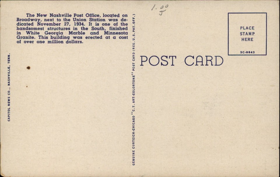 New Post Office Building Nashville Tennessee flag 1940s linen
